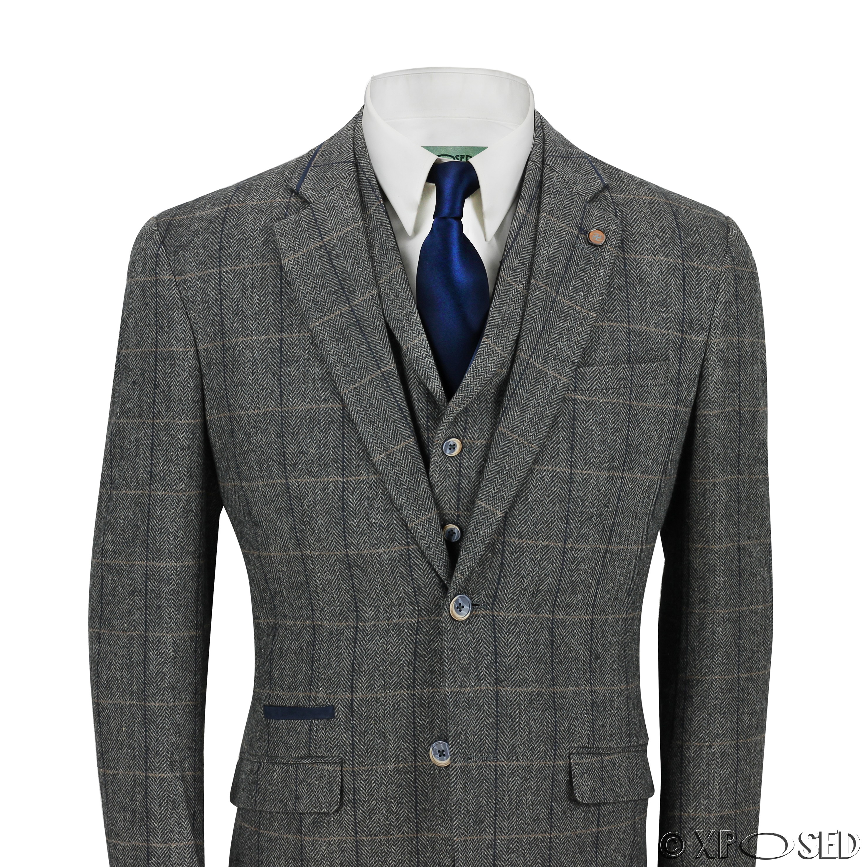 New Cavani Mens 3 Piece Tweed Suit Vintage Herringbone Grey Check Retro Slim Fit Ebay 